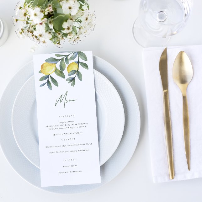 Vattenfärgad Lemon Main Squeeze-Möhippa Meny (Main squeeze Lemon theme Bridal Shower Menu with watercolor lemon and greenery illustration)