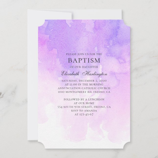 Vattenfärgad lila-baptism. Lavender - modern Inbjudningar (Framsida)