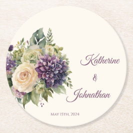 Vattenfärgad Lila Blommor Bouquet-Papper Underlägg Papper Rund