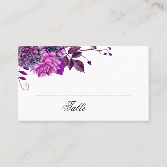 Vattenfärgad lila blommor. Lilac blommigt bröllop Placeringskort (Framsida)