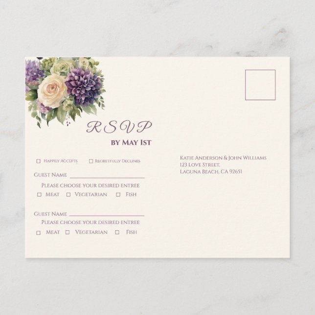 Vattenfärgad Lila Flower Bouquet-Bröllop OSA- Inbjudan Vykort (Baksida)