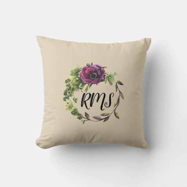 Vattenfärgad Lila Flower WAN Monogram Pillow Kudde (Framsida)