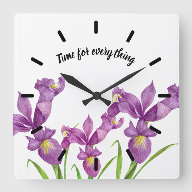 Vattenfärgad Lila Iris botaniska Blommigt Art Fyrkantig Klocka (Framsida)