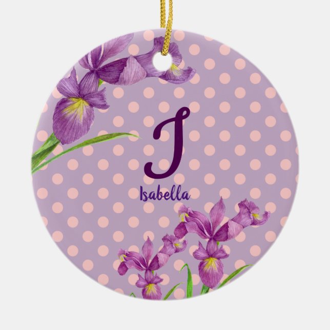 Vattenfärgad Lila Iris botaniska Blommigt Monogram Julgransprydnad Keramik (Framsidan)