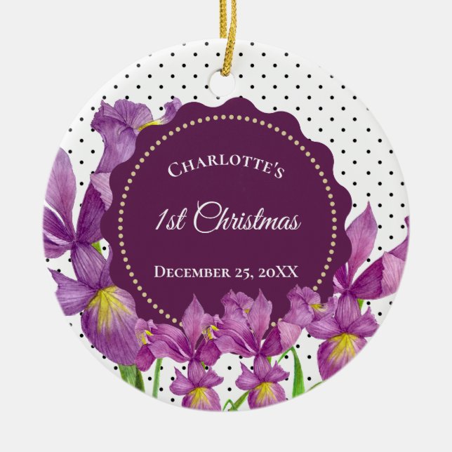 Vattenfärgad Lila Iris botaniska Polka dots Julgransprydnad Keramik (Framsidan)