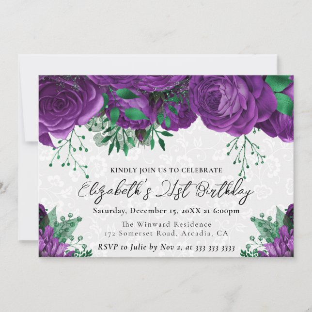 Vattenfärgad Lila Ro 21:a födelsedag Inbjudningar (Framsida)