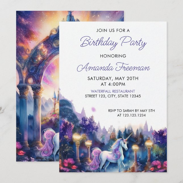 Vattenfärgad Lila Unicorn Girly 6e Birthday Inbjudningar (Fram/baksida)