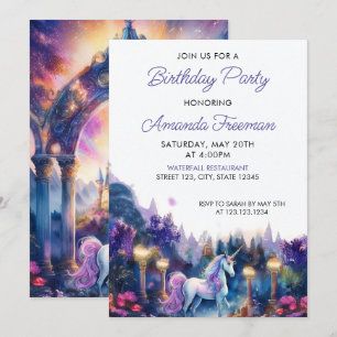 Vattenfärgad Lila Unicorn Girly 6e Birthday Inbjudningar