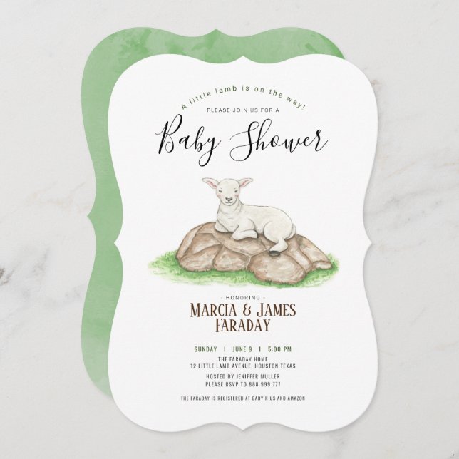 Vattenfärgad liten lamm par babydusch inbjudningar (Fram/baksida)