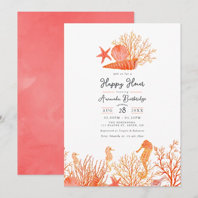 Vattenfärgad livskoral under havets Lycklig-timme Inbjudningar (Fram/baksida)