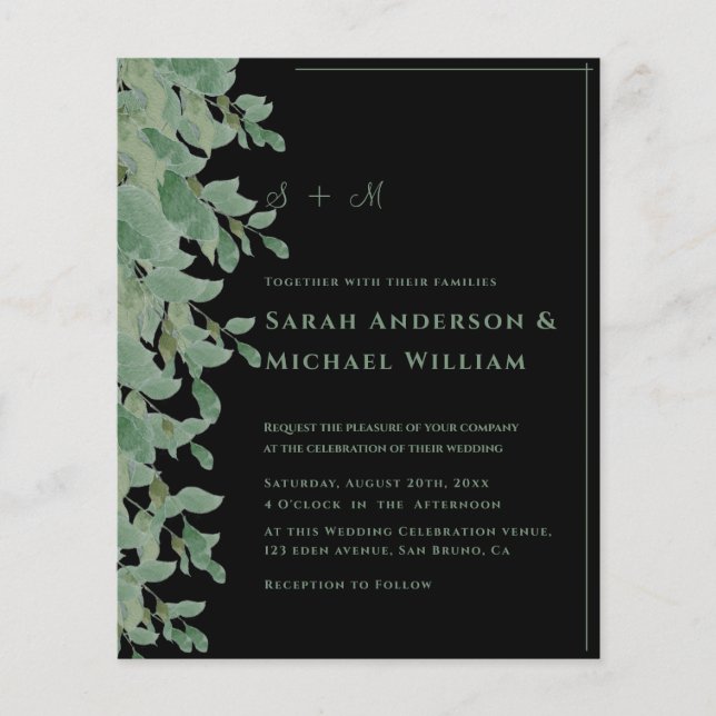 Vattenfärgad Löv Eucalyptus & Wood Bröllop Flyer (Framsidan)