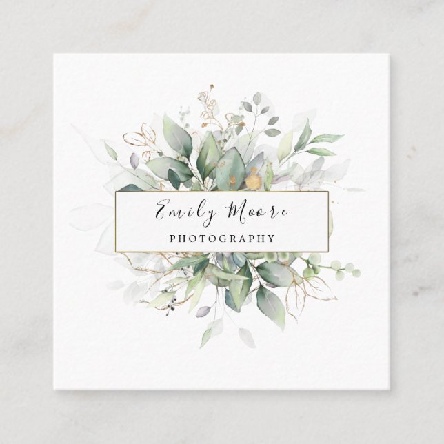 Vattenfärgad Löv och Guld Foliage Greenery Art Fyrkantigt Visitkort (Framsida)