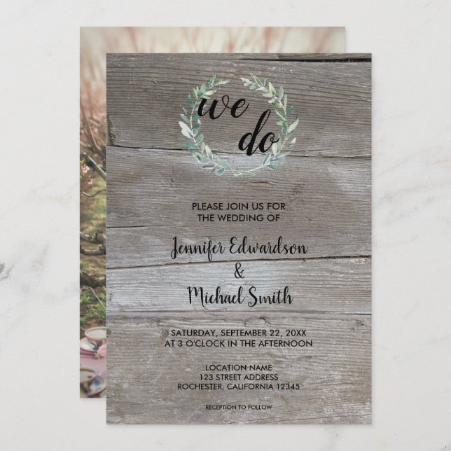 Vattenfärgad löv på trä Vi gör foto Bröllop Inbjudningar (Fram/baksida)