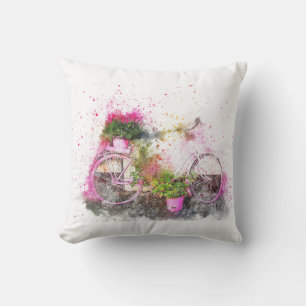 Vattenfärgad målad cykel i rosa kudde