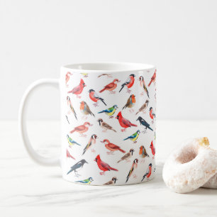 Vattenfärgad målad fågel mönster. kaffemugg