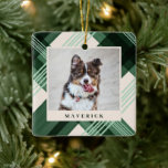 Vattenfärgad målad Grönt Pput Pet Photo jul Julgransprydnad Keramik<br><div class="desc">Gratulerar till din hårig-familjemedlem med de här snyggtarna,  fotojulprydnader. De har en handmålad diagonal plaid-design i bakgrunden,  tillsammans med foto- och textmallar för enkel anpassning! Baksidan innehåller samma plaid-design och en textmall för året.</div>