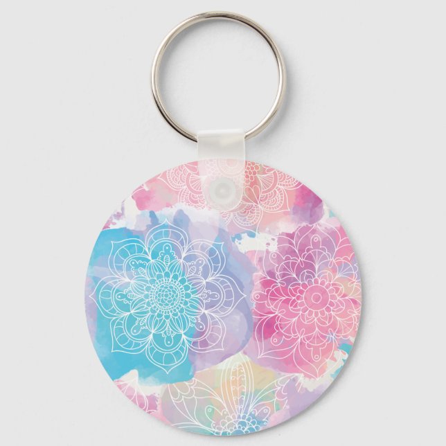 Vattenfärgad mandalas färglös stänk boho nyckelring (Framsida)