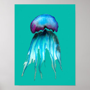 Vattenfärgad maneter, färgad modern vattenlevande poster
