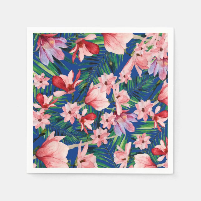 Vattenfärgad marin blå röd korallisk tropisk blomm pappersservett (Framsidan)