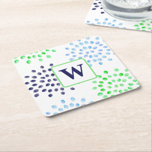 Vattenfärgad marin Grönt Blue Flower Monogram Underlägg Papper Kvadrat