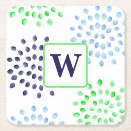 Vattenfärgad marin Grönt Blue Flower Monogram Underlägg Papper Kvadrat