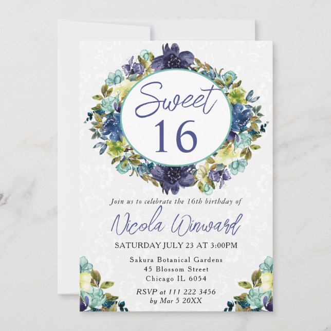 Vattenfärgad marin och blå andedräkt 16 inbjudningar (Framsida)