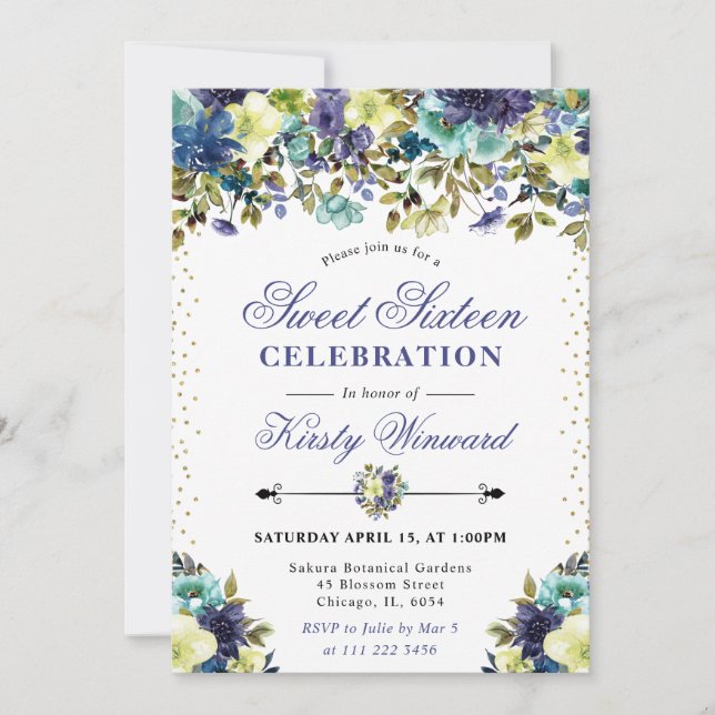Vattenfärgad marin och blå sommarblommor, sötad 16 inbjudningar (Framsida)