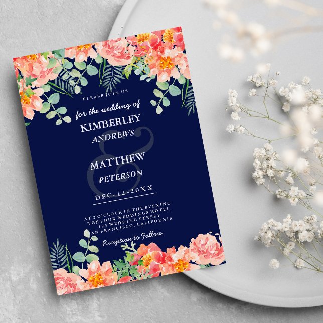 Vattenfärgad marinblå korall rosa botaniskt Bröllo Inbjudningar (Watercolor navy blue coral pink botanical Wedding )