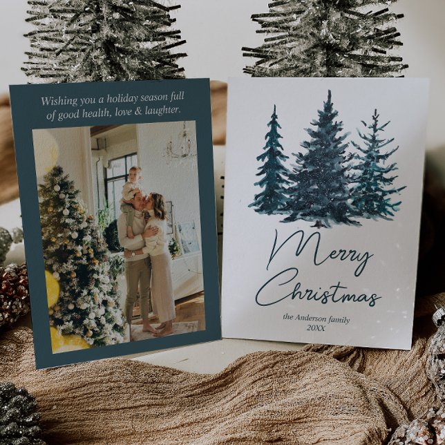 Vattenfärgad marinblått Gräs Träd-foto Jul Julkort (Skapare uppladdad)