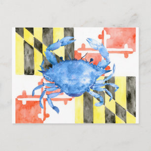 Vattenfärgad maryland-flagga och blåkrabba vykort