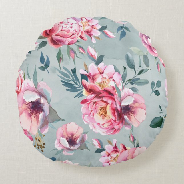 Vattenfärgad mönster utan peony och blomma fl rund kudde (Framsidan)
