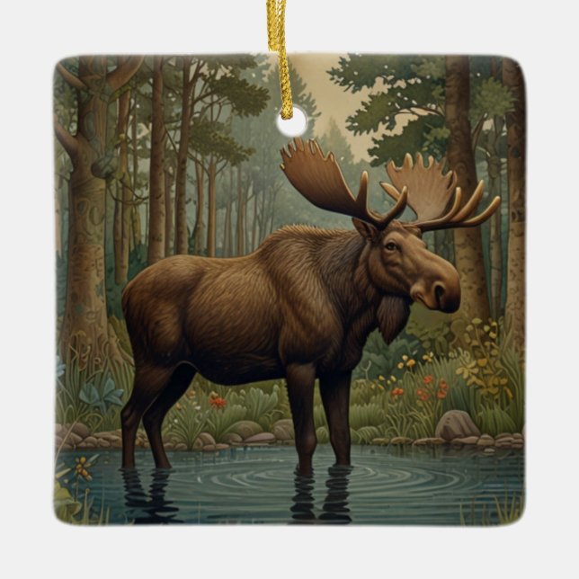 Vattenfärgad moose boho woodland forest greenery julgransprydnad keramik (Framsida)