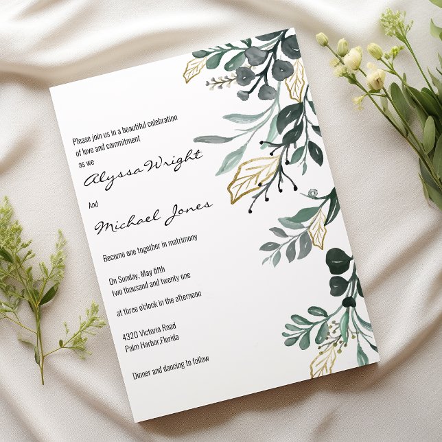 Vattenfärgad mörk grönt guld botaniskt blad Bröllo Inbjudningar (Watercolor dark green gold botanic foliage Wedding )