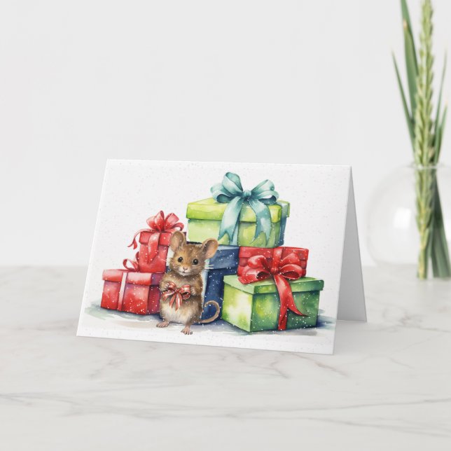 Vattenfärgad mus med julklappar kort (Framsida)