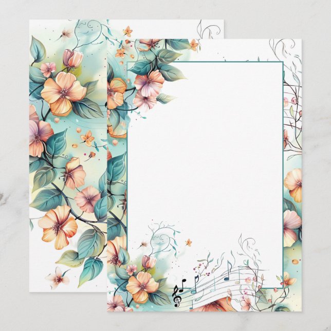 Vattenfärgad musik noter och blommor inbjudningar (Fram/baksida)