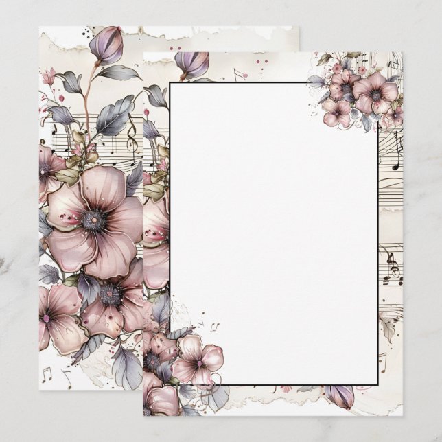Vattenfärgad musik noter och blommor inbjudningar (Fram/baksida)