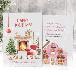 Vattenfärgad Mysigt vinterkabinett jul Julkort