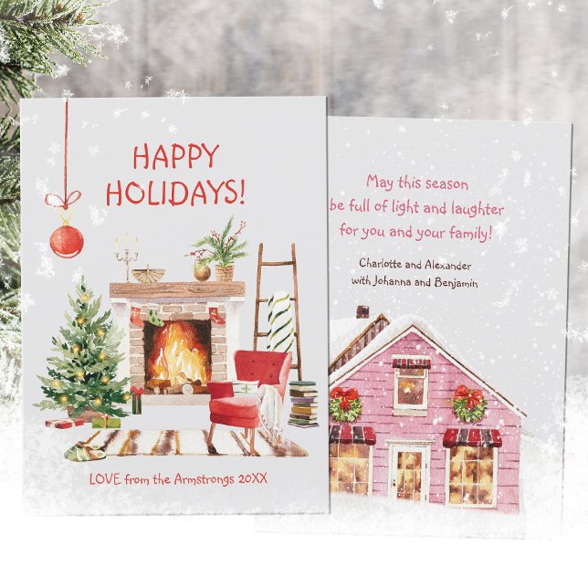 Vattenfärgad Mysigt vinterkabinett jul Julkort (Watercolor Cozy Winter Cabin Christmas Holiday Card ©Susanne Sachers - Sunny Mind Design 🌞)