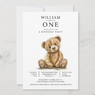 Vattenfärgad Nalle 1:a födelsedag Party Inbjudningar
