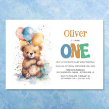 Vattenfärgad Nalle 1:a födelsedag Party