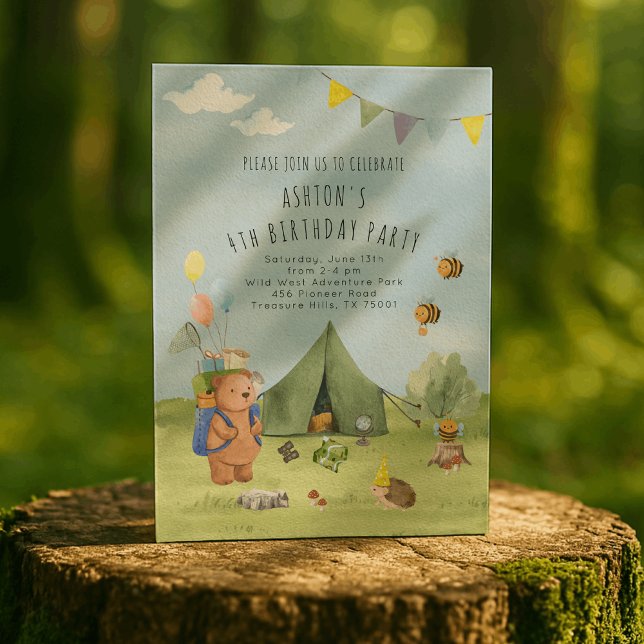 Vattenfärgad Nalle, Äventyr-födelsedag Inbjudningar (Skapare uppladdad)