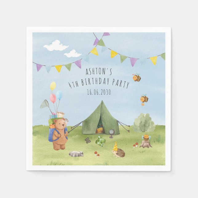 Vattenfärgad Nalle, Äventyr-födelsedag Pappersservett (Framsidan)