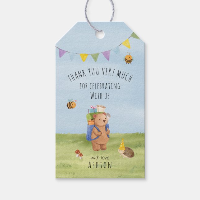 Vattenfärgad nalle, äventyr tack presentetikett (Framsidan)