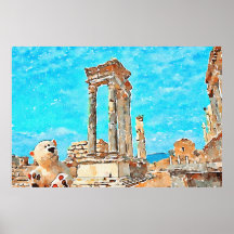 Vattenfärgad Nalle i antika ruiner