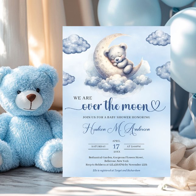 Vattenfärgad nalle över måne Baby Shower Inbjudningar (we are over the moon boy baby shower invitation with teddy bear)