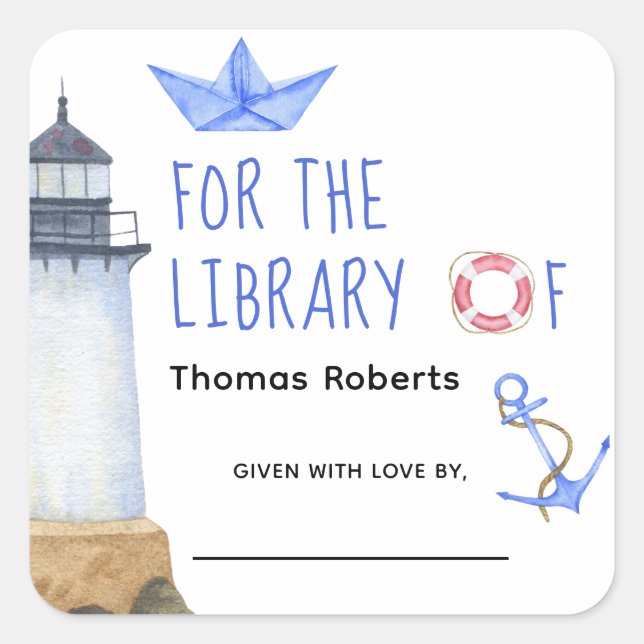 Vattenfärgad nautisk - babyduschboplåt fyrkantigt klistermärke (Framsida)