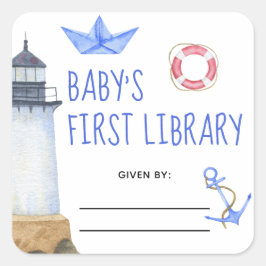 Vattenfärgad nautisk - babyduschboplåt fyrkantigt klistermärke