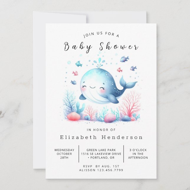 Vattenfärgad Online Whale Baby Shower Inbjudningar (Framsida)