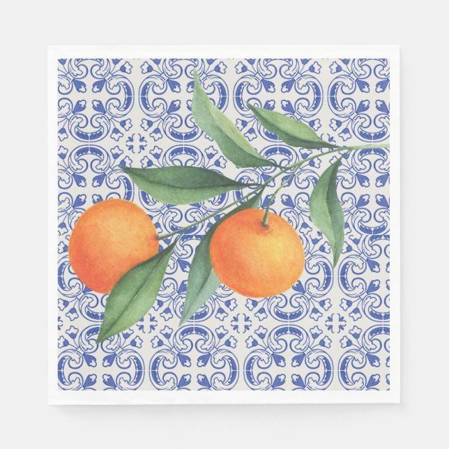 Vattenfärgad Orange Blåplattan Bröllop i Medelhave Pappersservett (Framsidan)