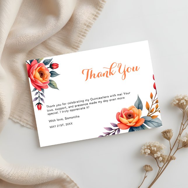 Vattenfärgad Orange Blommigt Quinceanera 15:e föde Tack Kort (Skapare uppladdad)